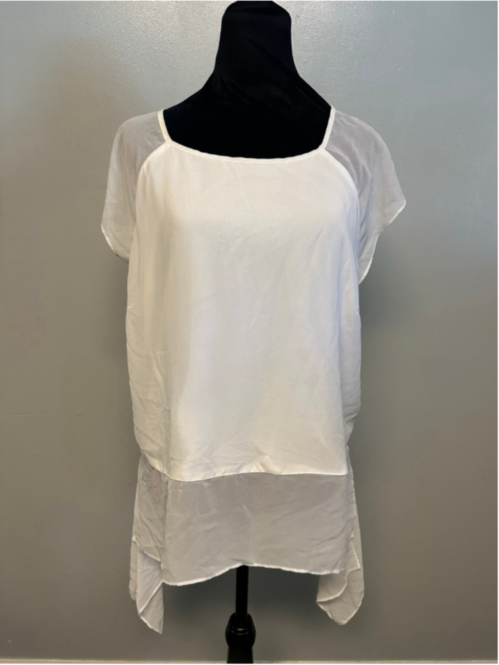 Skye's the Limit White Blouse Size Large Sheer Asymmetrical